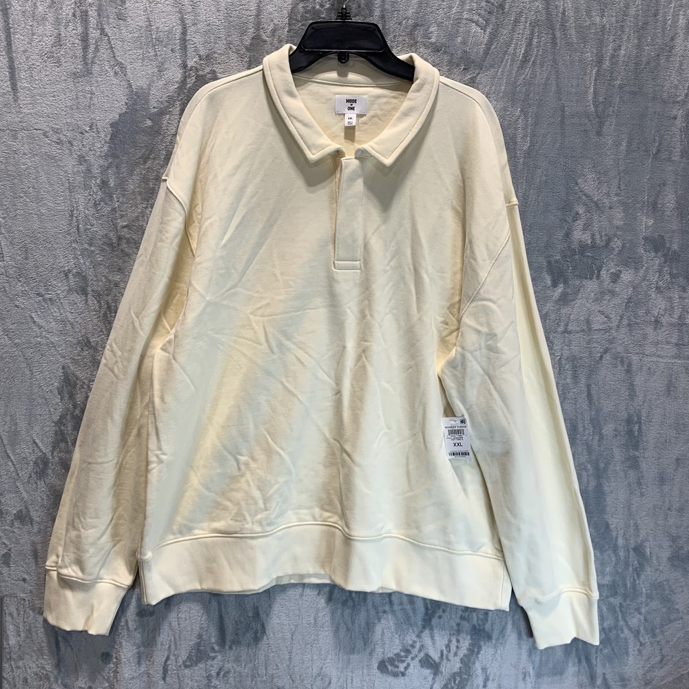 Mode of One Men's Polo Sweatshirt Long Sleeve Pullover Collar Ivory Cream‎ XXL